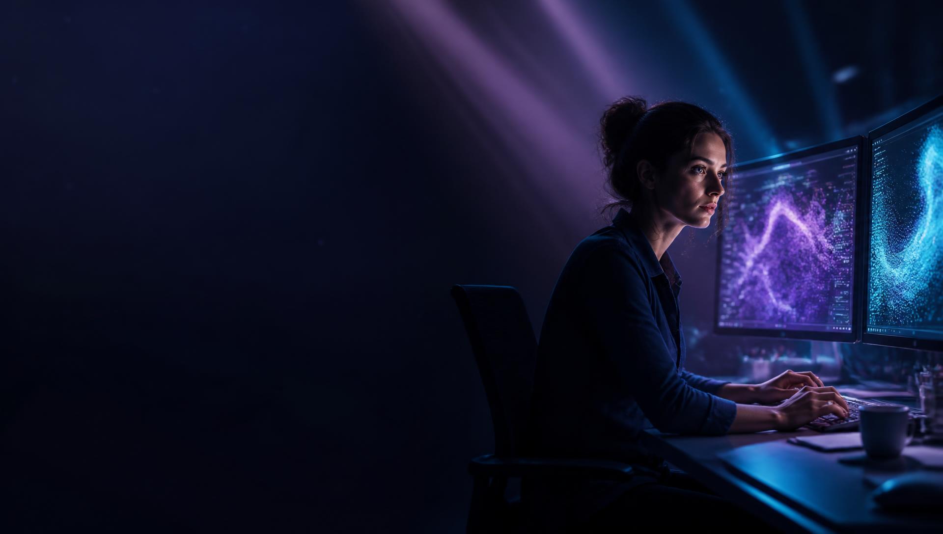 Professionnelle travaillant de nuit devant deux écrans affichant des interfaces de création assistée par intelligence artificielle