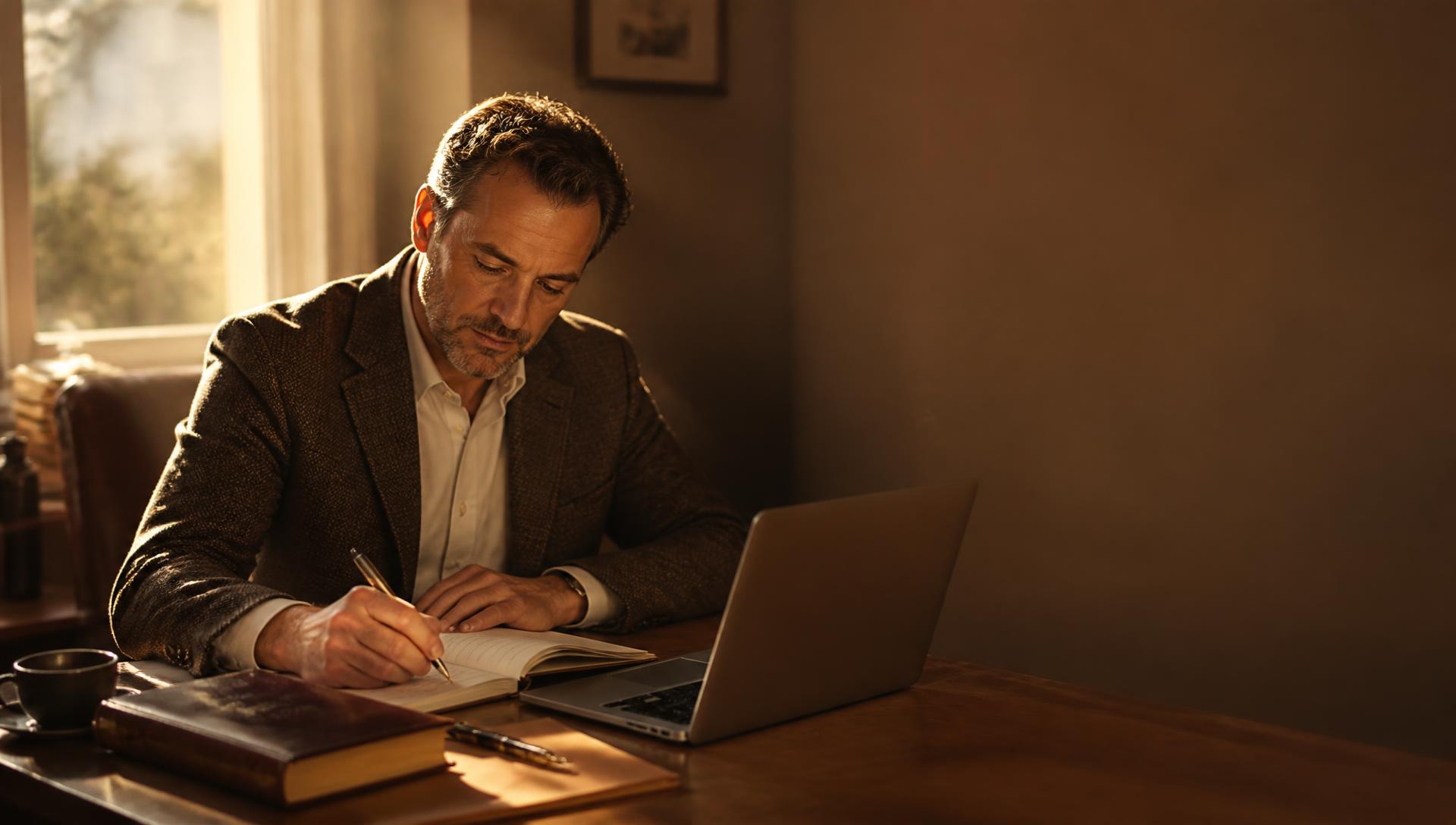 Professionnel écrivant sur un carnet à côté d'un ordinateur portable dans un bureau baigné de lumière dorée